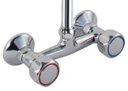 Duș spălat vase cu 2 orificii [10000] - cu duș pre‑spălare, pistol de pulverizare, furtun flexibil, montaj pe perete & mixer monocomandă - pentru apă rece și caldă