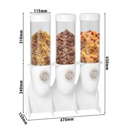 Muesli dispenser - drievoudig - doseerwiel - 3 kunststofcontainers - rvs standaard - Wit