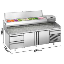 Chladicí stůl na pizzu PREMIUM PLUS - 2305x800 mm - se 2 dveřmi a 2 zásuvkami - se žulovou pracovní deskou - vč. chladicí nástavbové vitríny - 11x GN 1/4