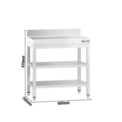 Stainless steel work table PREMIUM - 600x700mm - with undershelf, intermediate shelf & upstand