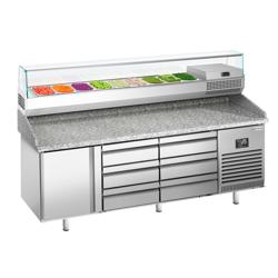 Pizza Hazırlık Buzdolabı PREMIUM PLUS - 1980x700mm - 1 Kapı & 6 çekmece - dahili soğutmalı üst vitrin - 9x GN 1/4