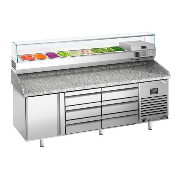 Balcão de pizza refrigerado PREMIUM PLUS - 1980x700mm - com tampo em granito - com 1 portas e 6 gavetas GN 1/1 - incl. vitrina refrigerada superior - 9x Recipientes GN 1/4