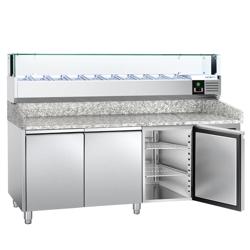 Commercial Refrigerated Pizza Prep Counter PREMIUM - 2000x800 - 3 Doors - Top Display Rail LED - 10x GN 1/4