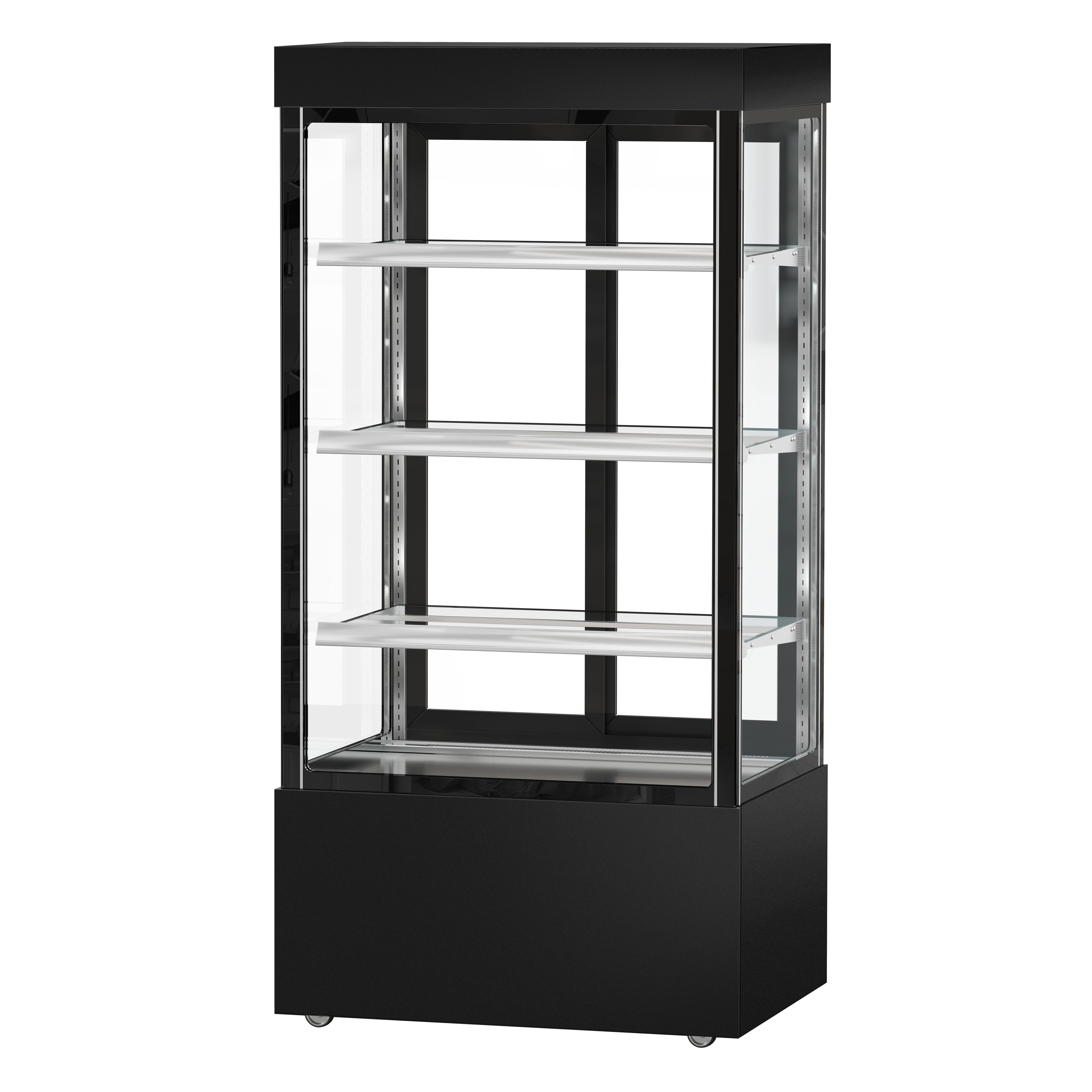 Vitrine réfrigérée 4 faces vitrées MADRID - 850L - 1000mm - Double vitrage - avec 3 étagères en verre - portes coulissantes vitrées arrière - Noir mat