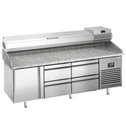 Pizzawerkbank PREMIUM PLUS - 1980x700mm - met granieten werkblad - met 1 deur & 4 laden - incl. opzetkoelvitrine - 9x GN 1/4