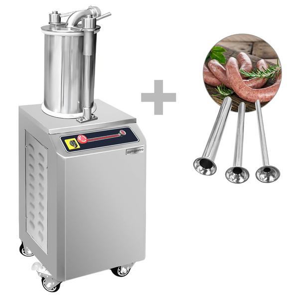 Poussoir à saucisses PROFESSIONNEL hydraulique vertical - 26L - 1,1kW - Acier inoxydable - incl. 3 entonnoirs à saucisse