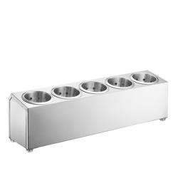 Portaposate con supporto - per 5 bicchieri portaposate - incl. 5 bicchieri portaposate in acciaio inox - 630x150mm - Altezza: 180mm - acciaio inox