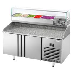 Pizzawerkbank PREMIUM PLUS - 1490x700mm - met granieten werkblad - met 2 deuren - incl. glasvitrine - 6x GN 1/4