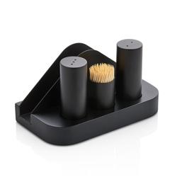 Conjunto de galheteiro - 4-peças - suporte em aço inoxidável - aço inoxidável - porta-guardanapos, paliteiro, saleiro, pimenteiro - Altura: 90mm