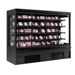 Commercial wall-mounted refrigerated display shelving - 2580 mm - 910 litres - with 4 double-glazed hinged doors and 4 shelves