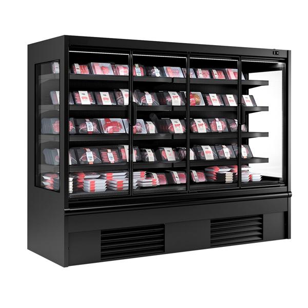 Commercial multideck display fridge - 2580mm - 910L - with 4 hinged glass doors & 4 shelves - Black
