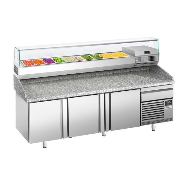 Pizzawerkbank PREMIUM PLUS - 2305x800mm - met granieten werkblad - met 3 deuren & 1 laden - incl. glasvitrine - 10x GN 1/3