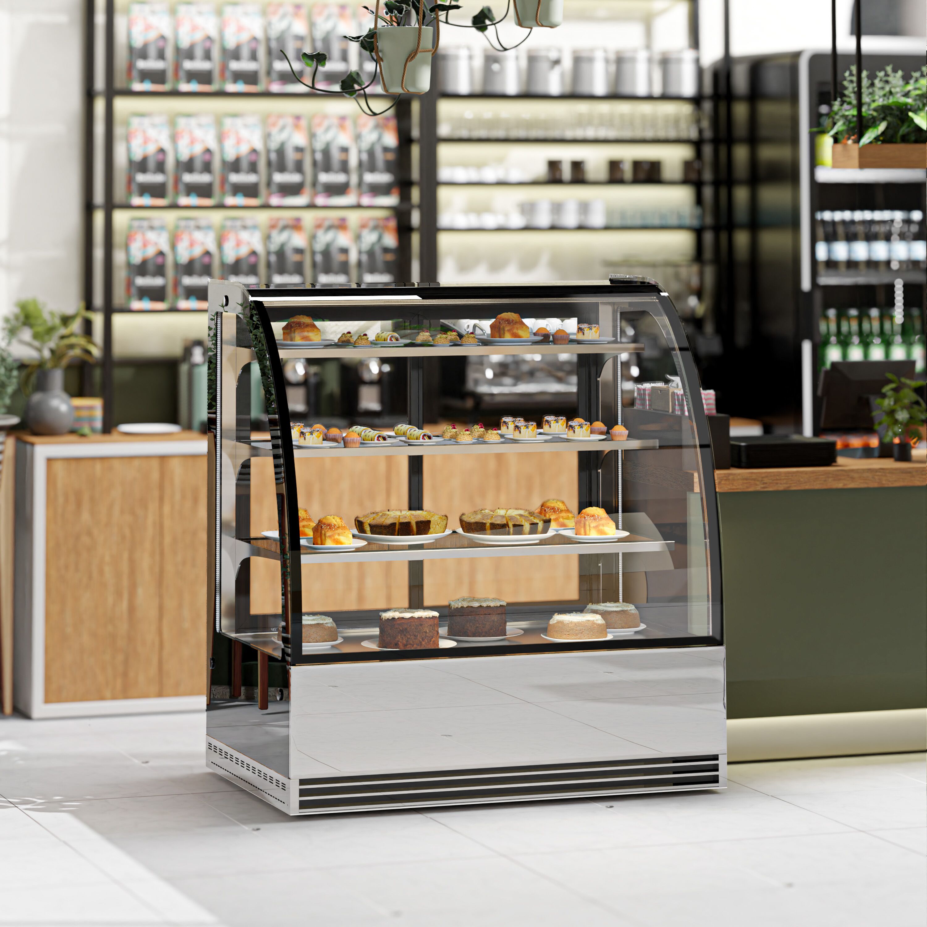 Vitrine à pâtisserie réfrigérée - 414L - 1200mm - Double vitrage - avec 3 étagères en verre - portes coulissantes vitrées arrière