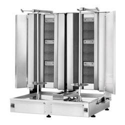 Gáz Gyros sütő - 3+3 égő - 19,5 kW - max. 80 kg - Asztali kivitel - tartozékokkal: 2 védőlemez, 2 összecsukható ajtó, zsírfogó tálca