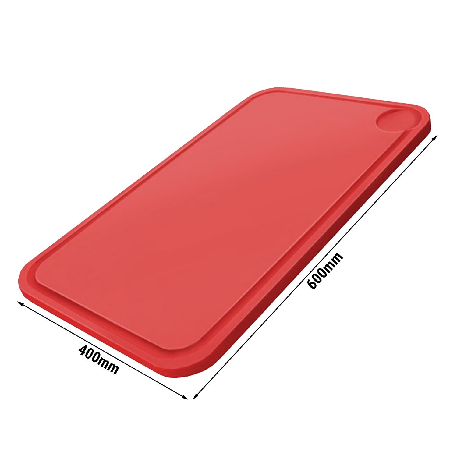 Planche à découper avec rigole à jus - 600x400mm - Épaisseur: 20mm - Conforme HACCP - Polyéthylène - Rouge