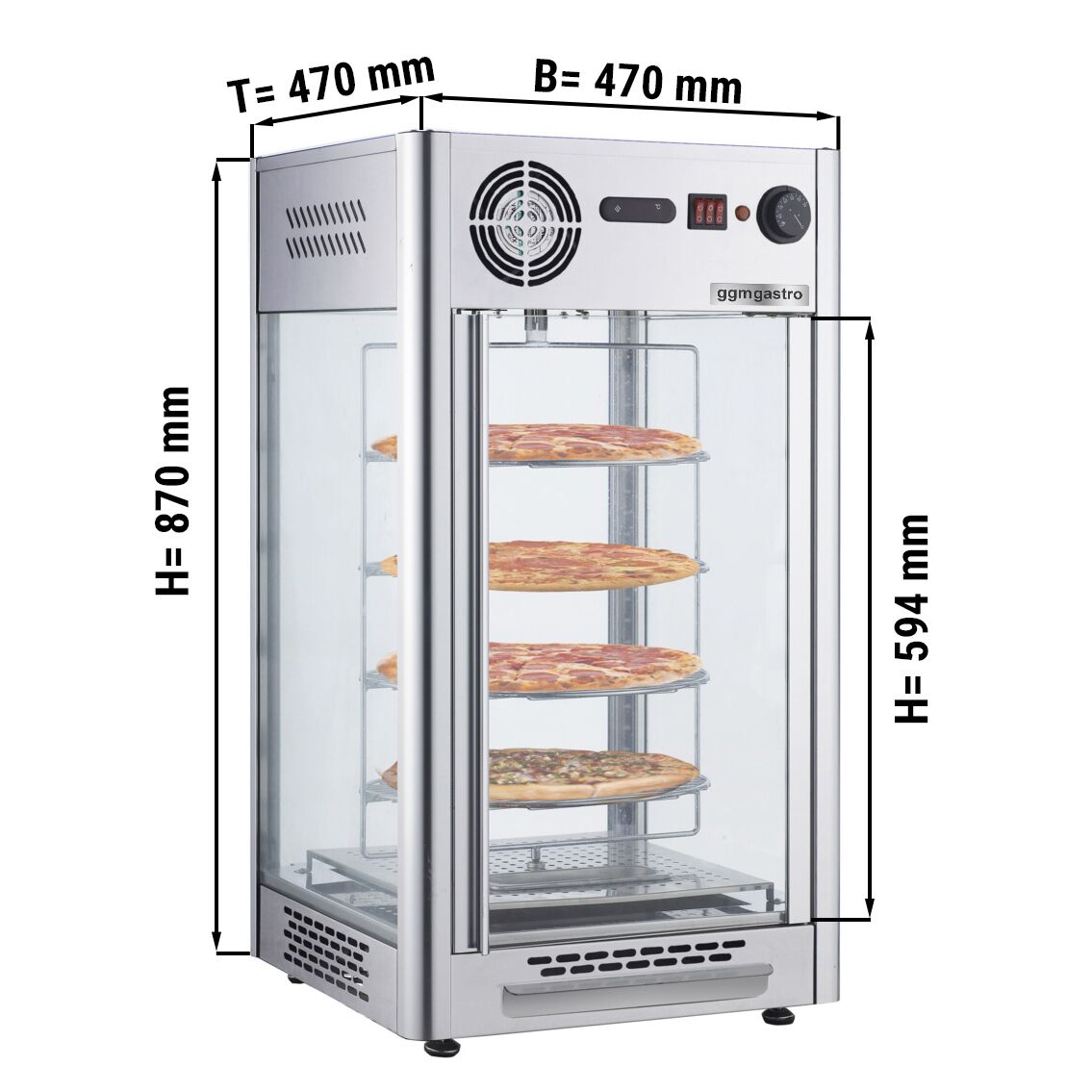 Vitrine chauffante – 470 mm – 1,2 kW – avec 4 niveaux – inox