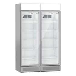 (2 pcs) Commercial Upright Glass Door Display Fridge with Illuminated Canopy - 1190mm - 345 Litres - with 2 hinged glass doors - LED lighting - Grey - Temperature range 2 to 10 °C