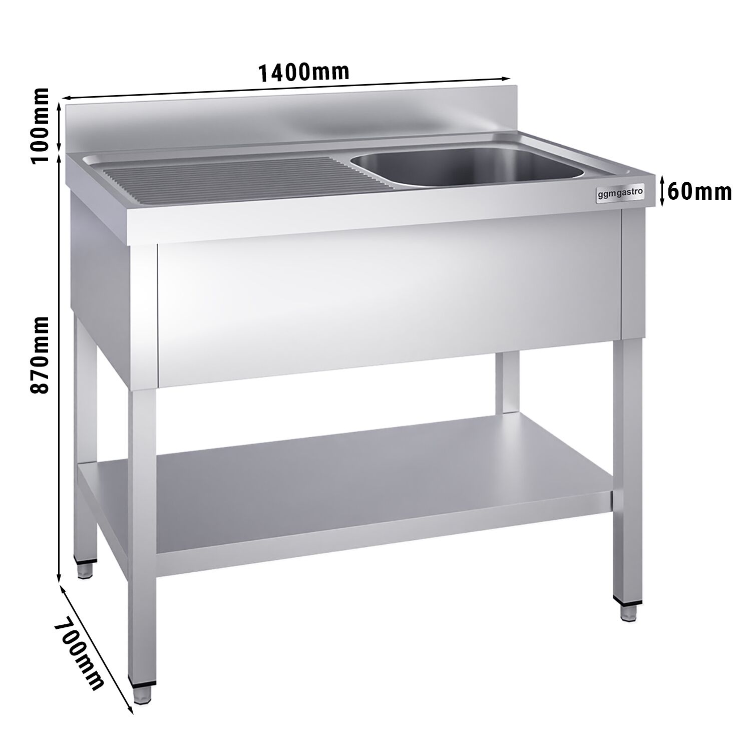 Spoeltafel PREMIUM 1400x700mm Met Onderstel 1 Spoelbak Rechts