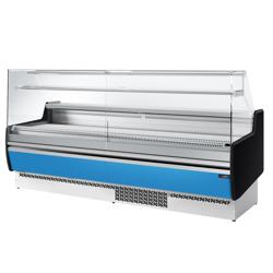 Koeltoonbank - 2560x953mm - 282 liter - kleur hellblauw - front hellblauw - rechte ruit - met 4 deuren - met 1 legroosters