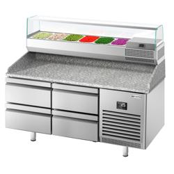 Chladicí stůl na pizzu PREMIUM PLUS - 1490x700 mm - se 4 zásuvkami - se žulovou pracovní deskou - vč. chladicí nástavbové vitríny - 6x GN 1/4