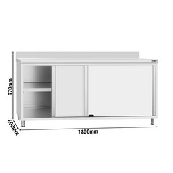 Tavolo armadiato in acciaio inox ECO - 1800x600 mm - con anta scorrevole e alzatina