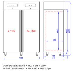 Armario refrigerador y congelador PREMIUM - GN 2/1 - 1400L - con 2 puertas de acero inoxidable - ventilado; R290; desescarche automático; AISI 304