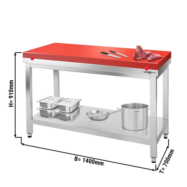Mesa de trabajo de acero inoxidable PREMIUM - 1,4 m - con base - incluye placa de corte en rojo
