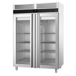 Koelkast RVS PREMIUM - GN 2/1 - 1400mm - 1350liter - tot -2°C tot +8°C - met 2 glazen deuren - geforceerde koeling, LED‑verlichting & roosters