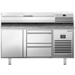 Pizzawerkbank PREMIUM PLUS - 1490x700mm - met granieten werkblad - met 1 deur & 2 laden - incl. opzetkoelvitrine - 6x GN 1/4