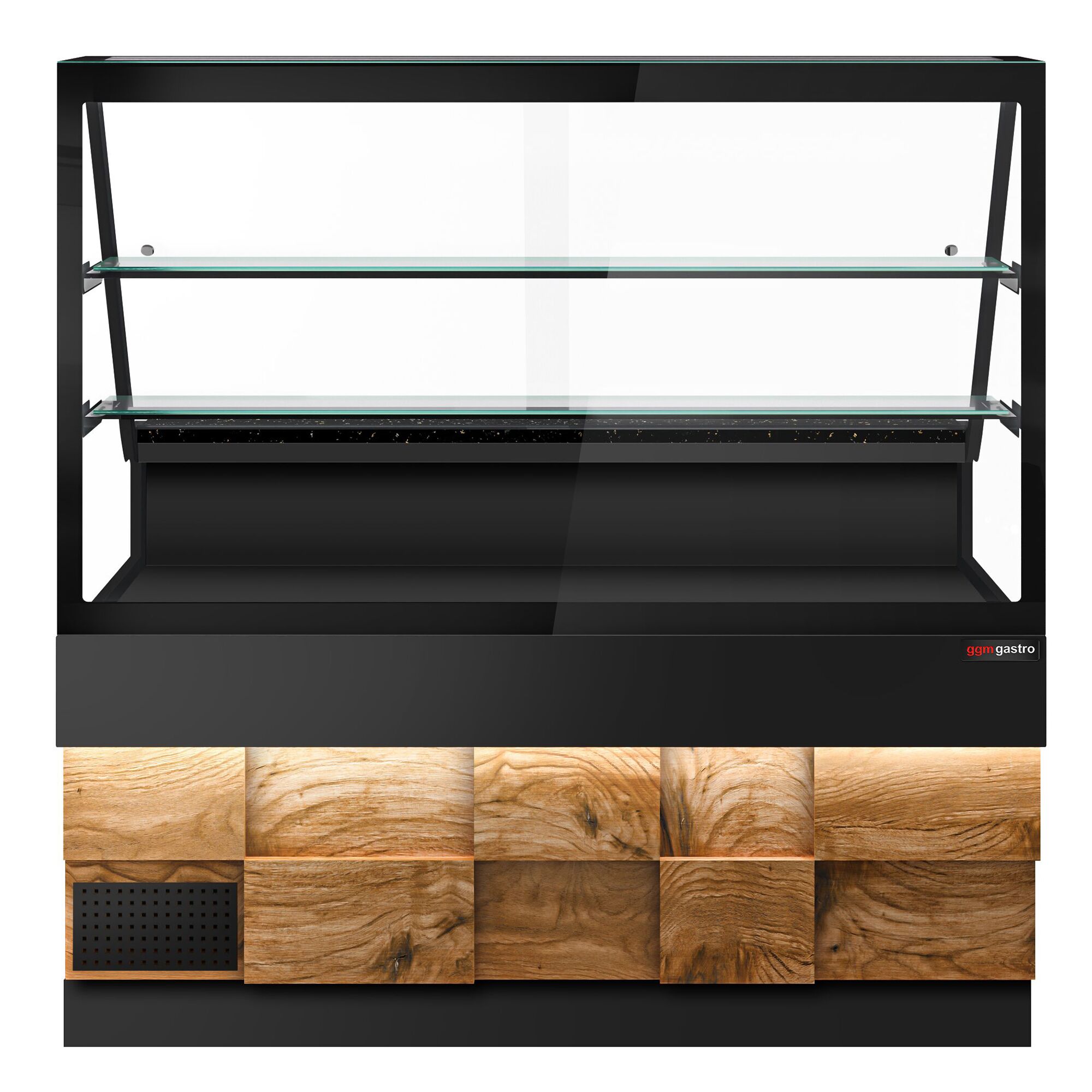 Comptoir réfrigéré TORONTO – 1600 mm – double vitrage – façade en bois – 2 étagères – plan de travail en granit Noir