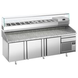 Pizzawerkbank PREMIUM PLUS - 2305x800mm - met granieten werkblad - met 3 deuren & 1 laden - incl. glasvitrine - 11x GN 1/4