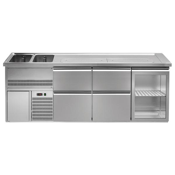Commercial Refrigerated Beer Counter 1 Glass Door + 4 Drawers PREMIUM – 2 sinks left - 2500×700 mm - 3 drip trays