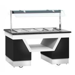 Heated Bain Marie Counter BELFAST - 1600mm - with Bain Marie Well + Flat Glass Sneeze Guard - on Castors - for 4x GN 1/1 - Black