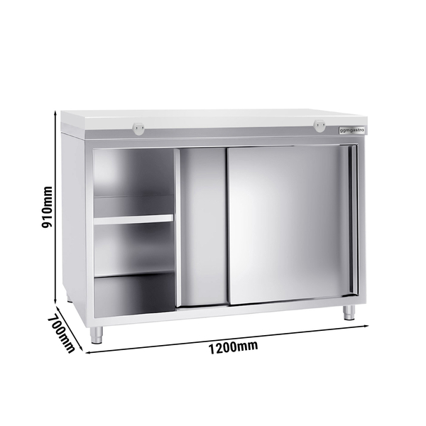 Dulap de lucru din oțel inoxidabil PREMIUM - 1,2 m - cu ușă glisantă - incl. blat de lucru alb