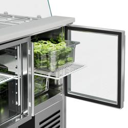 Saladette réfrigérée PREMIUM - 900mm - 288L - 2 portes vitrées - avec vitrine de comptoir pour 2x GN 1/1 & 3x GN 1/6 - Pour FR