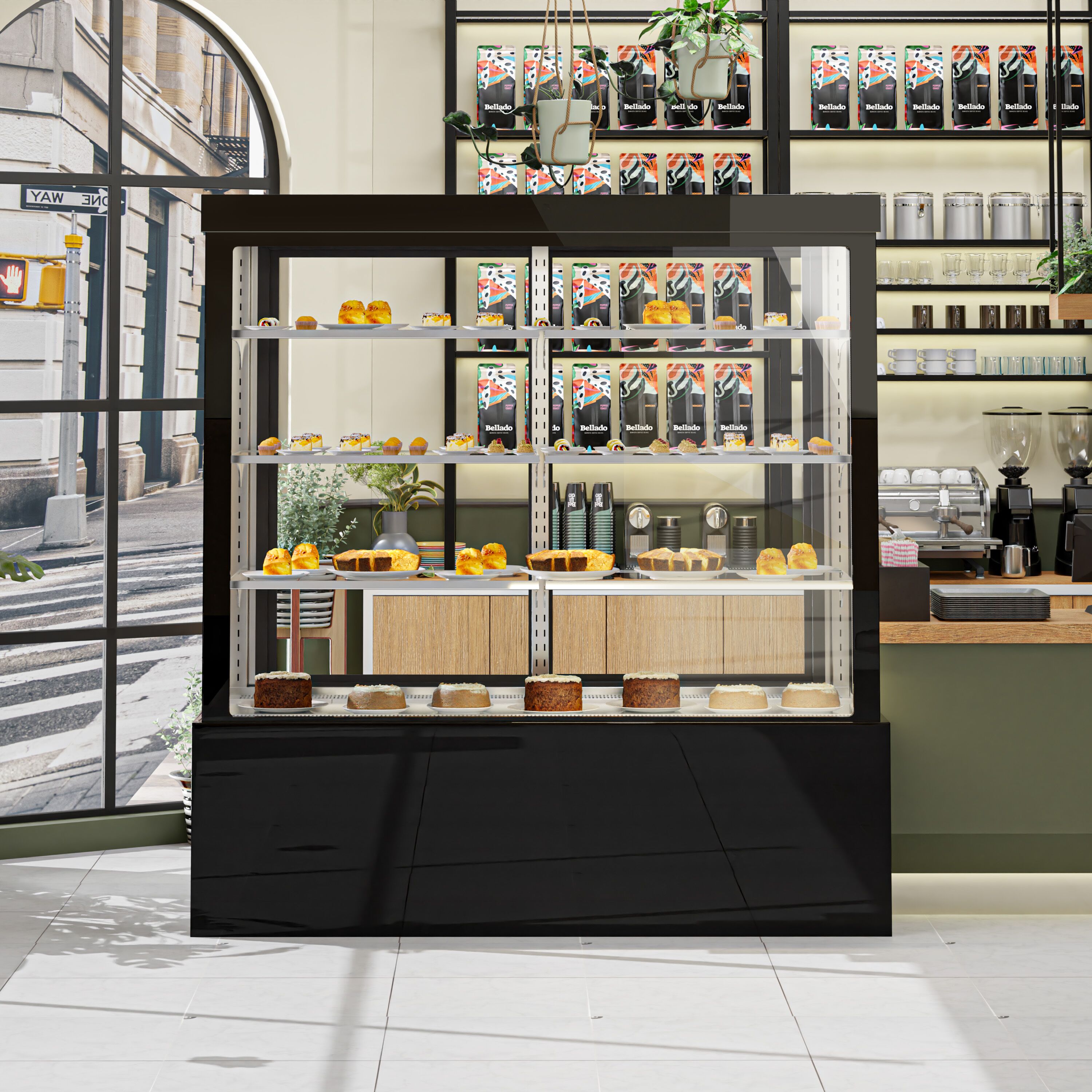 Vitrine de comptoir réfrigérée - 1850L - 1800mm - Double vitrage - avec 3 étagères - portes coulissantes vitrées arrière - Noir