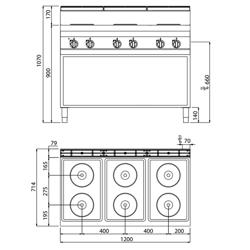 Golvmodell Elspis (gjutjärnsplattor) - Lorenzo 700 - 1200x714x1070 mm - 15,6 kW - 6 plattor runda - öppet underskåp med bottenhylla
