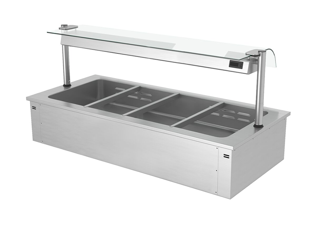 Встраиваемая Водяная Баня (Bain-marie) 1,5 м - 4x GN 1/1 - со Стеклянной Панелью для защиты от брызг