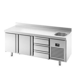 Koelwerkbank Premium PLUS - 1960x600mm - met 1 spoelbak, 2 deuren, 3 laden & achterwand