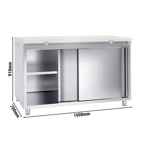 Dulap de lucru din oțel inoxidabil PREMIUM - 1,6 m - cu ușă glisantă - incl. blat de lucru alb