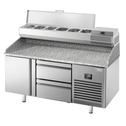Chladicí stůl na pizzu PREMIUM PLUS - 1490x700 mm - se 1 dveřmi a 2 zásuvkami - se žulovou pracovní deskou - vč. chladicí nástavbové vitríny - 6x GN 1/4