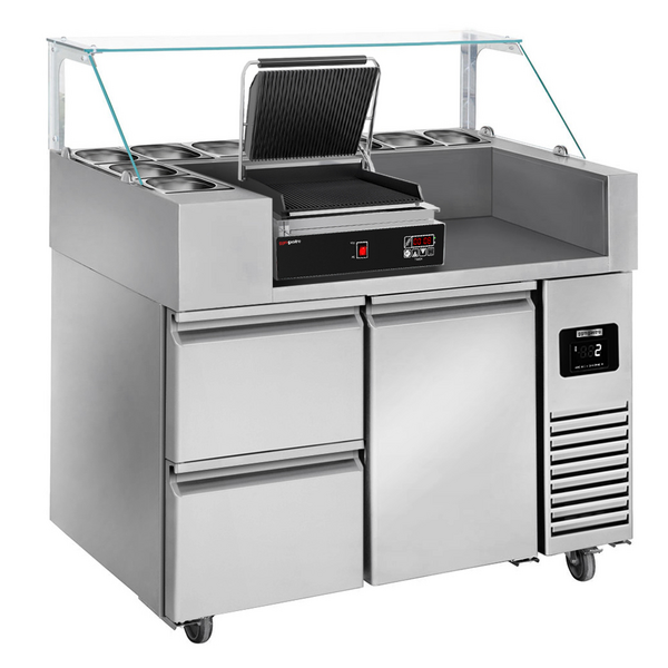 Voorbereidingstafel - 1210mm - 1 deur & 2 laden - voor 9x GN 1/6 - incl. digitale contactgrill