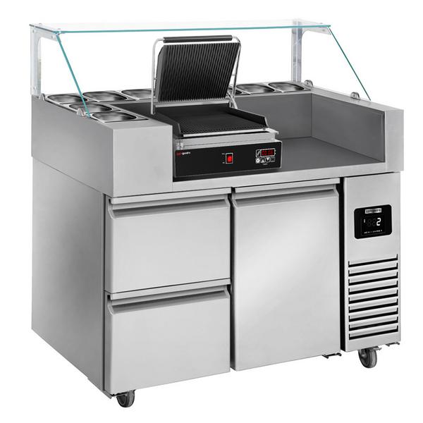 Commercial Refrigerated Prep Table PREMIUM - 1 Door + 2 Drawers - 1210 mm - for 9× GN 1/6 - Contact grill (timer) included