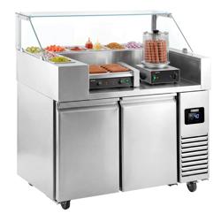 Commercial Refrigerated Prep Table PREMIUM – Glass Top – 2 Doors – 1210 mm – for 9× GN 1/6 - with Hotdog Grill & Glass Warmer