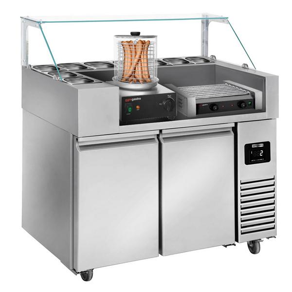 Stół chłodniczy przygotowawczy - 1210x700mm - z 2 drzwi - na 9x GN 1/6 - w zestawie: grill do hotdogów & podgrzewacz do hotdogów & drewniana łopatka