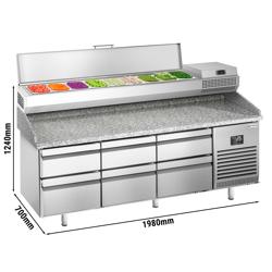 Pizzakylbänk PREMIUM PLUS - 1980x700 mm - granitskiva - & 6 lådor - inkl. kylränna - 9x GN 1/4