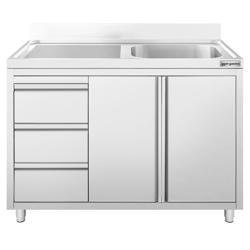 Mueble fregadero de acero Inox. con 3 cajones - 1,2 m - 1 fregadero a la derecha