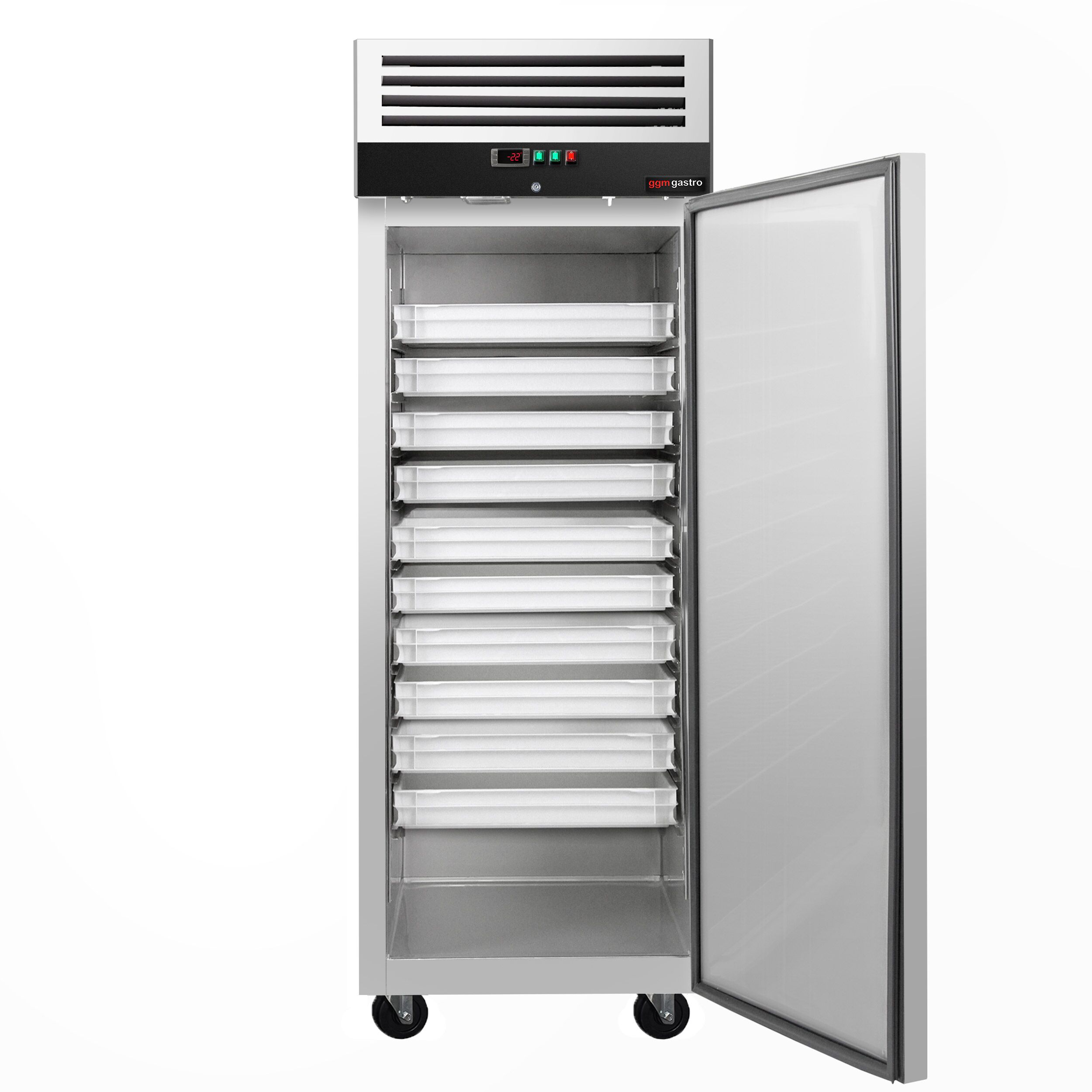 Armoire pâtissière négative Inox AISI 304 PREMIUM - EN 600 x 800 - 612 L - avec 1 porte & Glissières pâtisserie - Noire - Roulettes