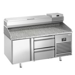 Tavoli refrigerati per pizza Premium PLUS - 1490x700 mm - con 1 porta e 2 cassetti - incl. vetrina refrigerata - 6x GN 1/4