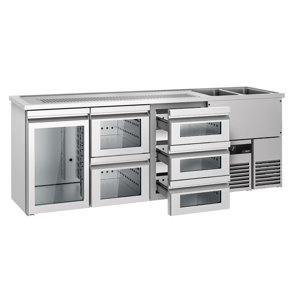 Barowy stół chłodniczy PREMIUM - 2500x700mm - 1 szklane drzwi & 5 szklanych szuflad